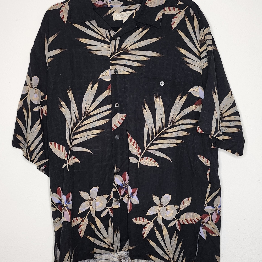 Men's Island Republic Black Silk Button-Up with Tropical Print Aloha Hawaiian